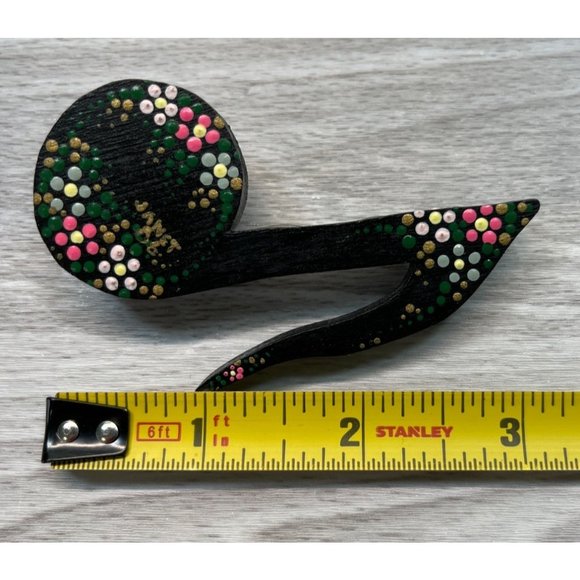 Music Eighth Note Brooch Pin Black Floral Vtg Hand Painted Wood 'Janet' - Picture 4 of 6